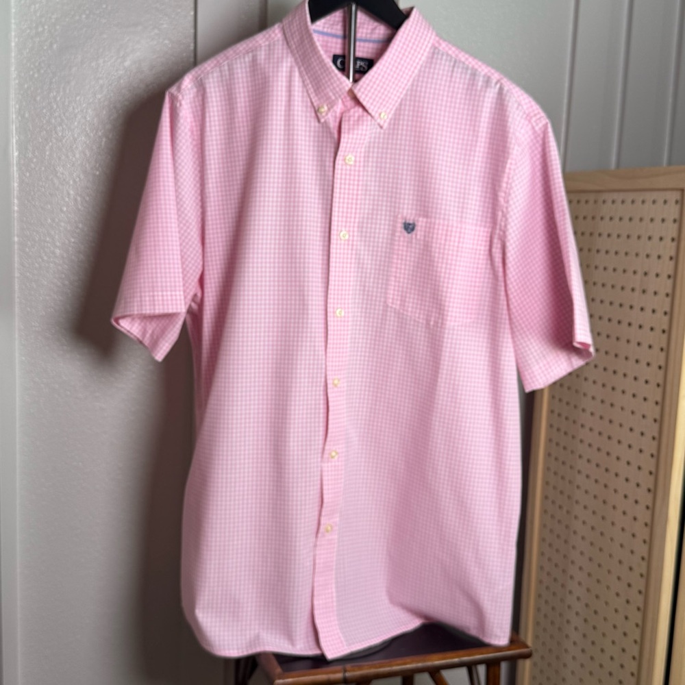 Chaps Pink Gingham Button Down Shirt XL Short Sleeve Easy Care - Picture 3 of 10